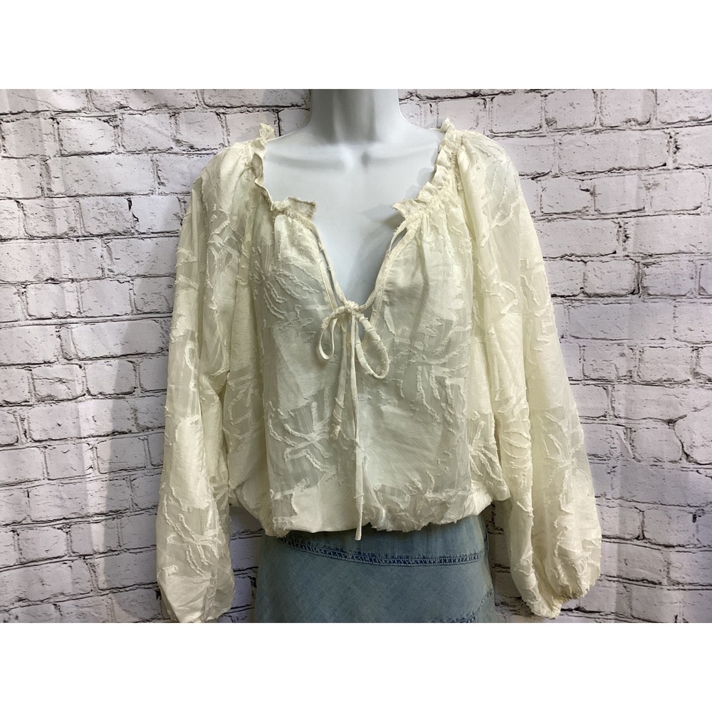 Peach Ivory Burnout Floral Sheer Blouse Tie Neck Billow Sleeve Boho Top Medium